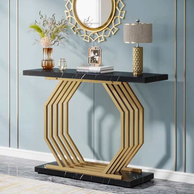 39.37  Gold Console Table, Modern White Marble Sofa Table with Geometric Metal Base