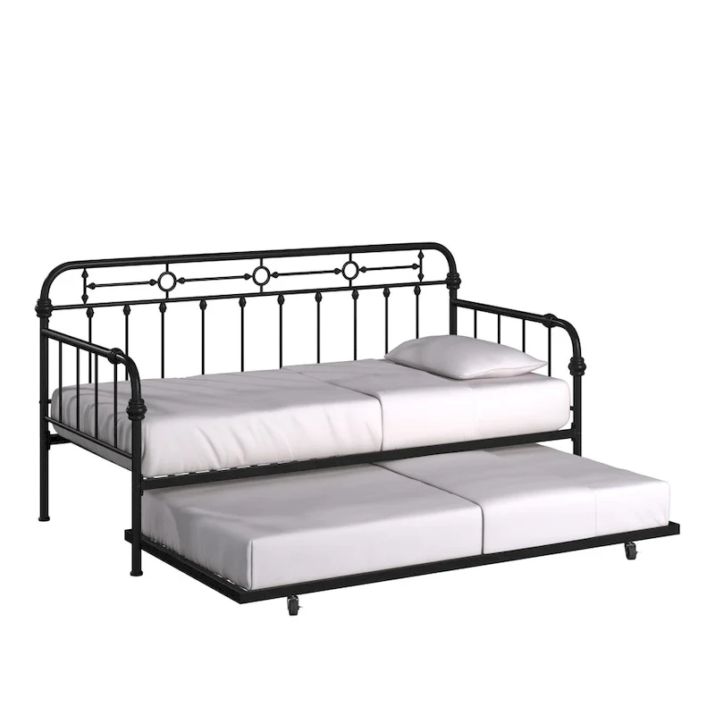 Antique Dark Bronze Metal Daybed with Trundle, Classic Style Twin Guest Bed