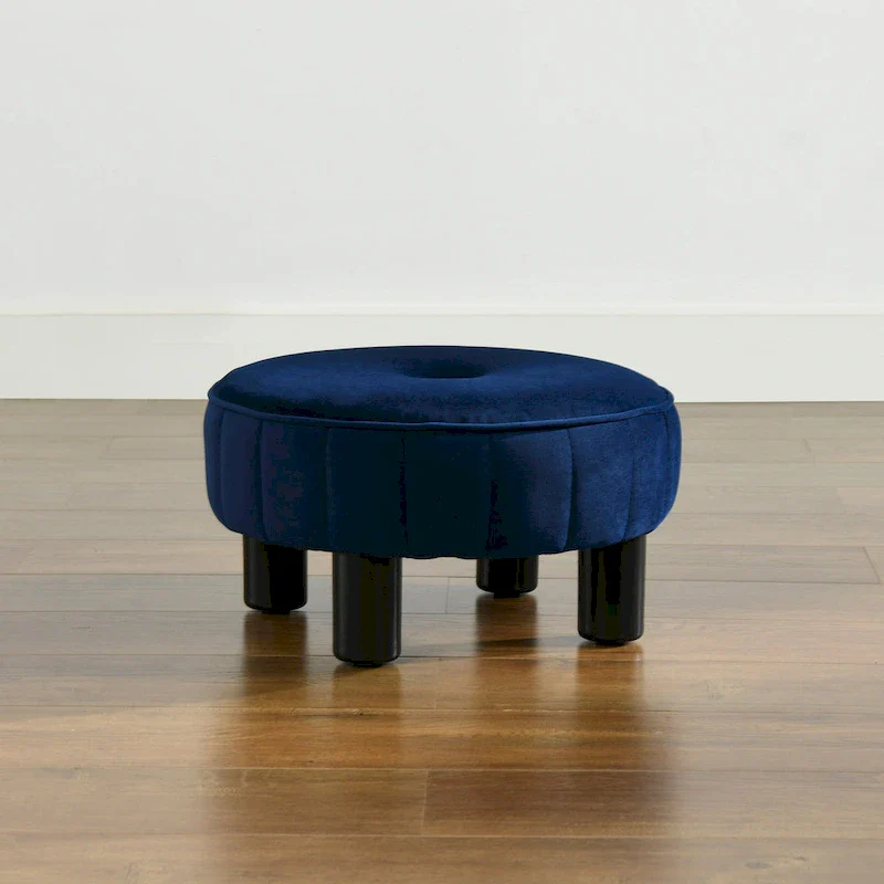 Round Footstool Ottoman - 16 Diameter, Vertical Tufted, Black Legs, Mid-Century Modern, 200 lbs