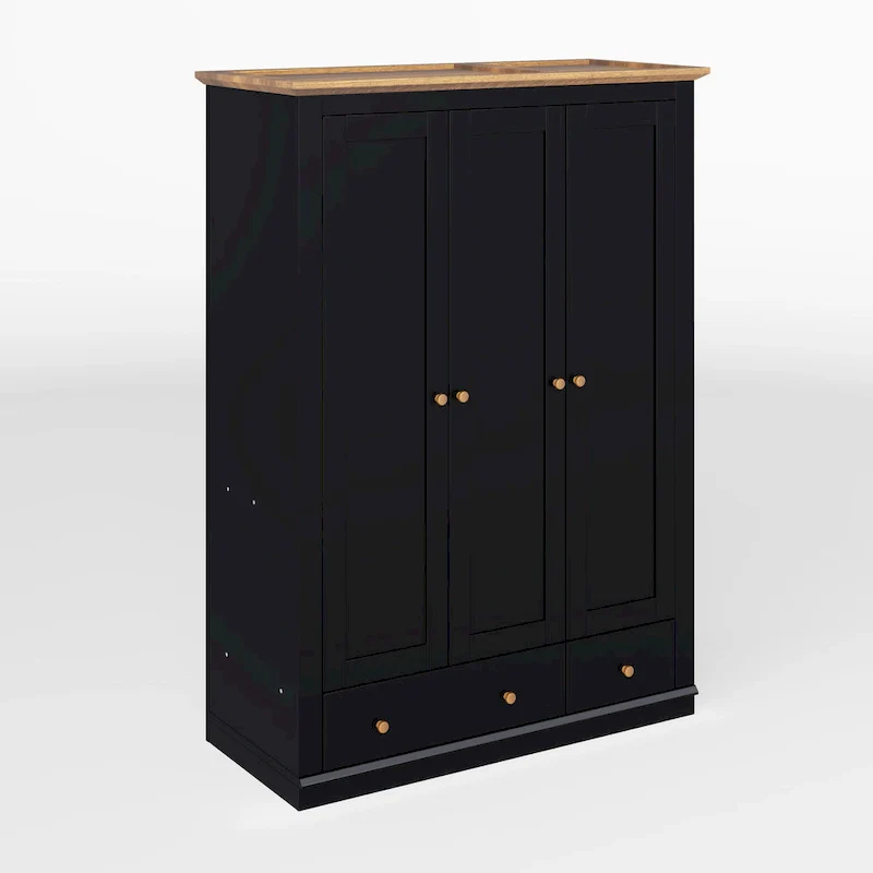 3 Door Armoire Wardrobe, Modern Wood Cabinet, Hanging Rail and Shelves, Bedroom Storage, Black