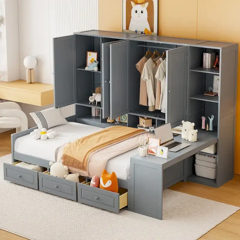 Wooden Daybed Frame All-in-One Bookcase Captains Bed with Storage Cabinet, Wardrobe, Side Writing Desk and 3 Bottom Drawers