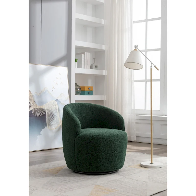 Swivel Accent Armchair Teddy Fabric Upholstered Barrel Chair with Black Point Round Swivel Metal Base