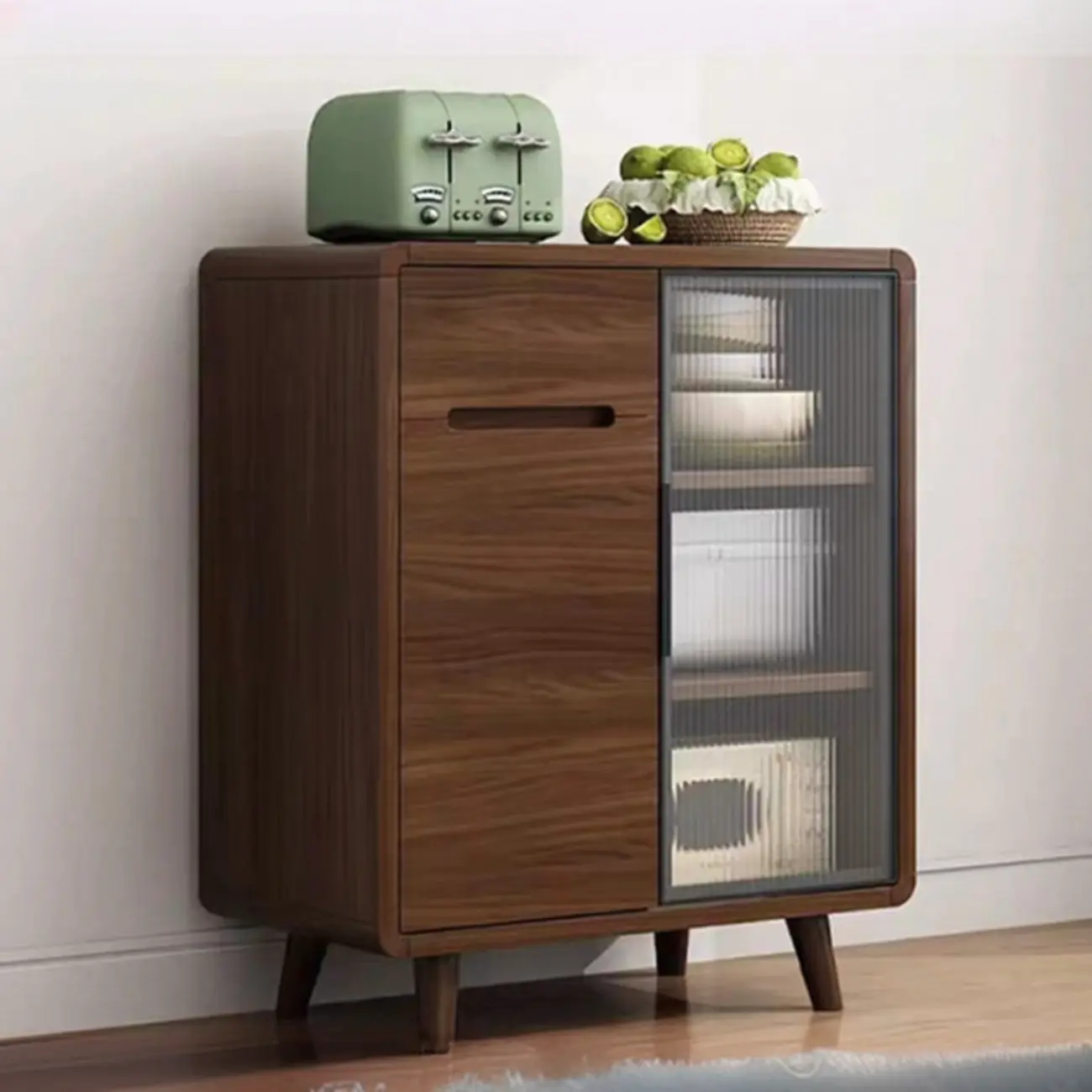 Modern Wood Narrow Sideboard Glass Door Storage
