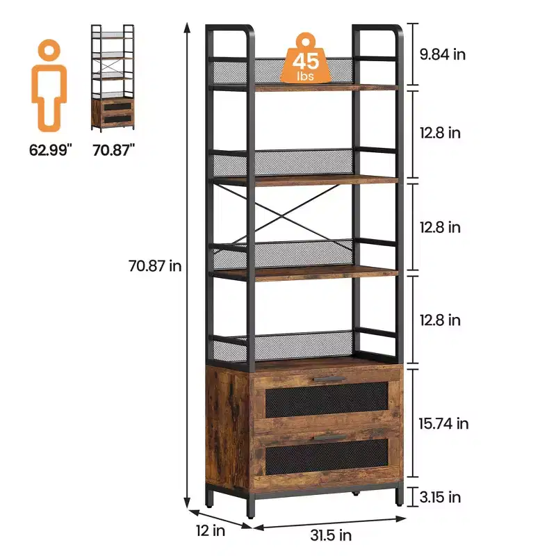 70.87 Bookshelf with Drawers, Rustic Bookshelves, 4 Tiers Open Storage Shelves, Farmhouse Bookshelf for Bedroom, Living Room, Home Office, Brown