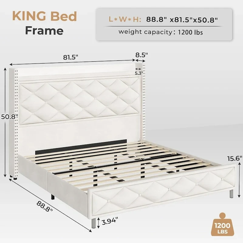 LED Bed Frame with 51.2  Tall Headboard Charging Station