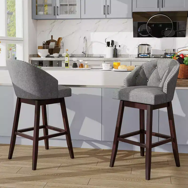Gray & Walnut Linen Swivel Bar Stool Set of 2, Armless, Mid Back