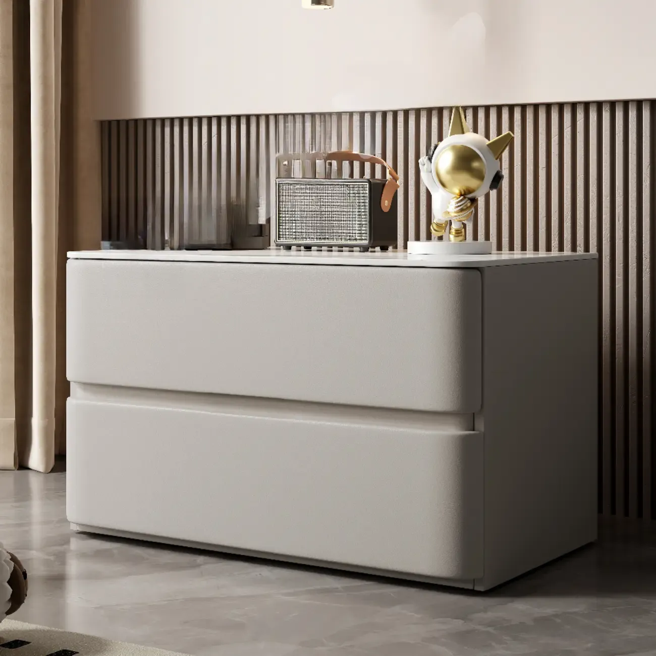 Modern Stone Top Wooden White Bedside Table 2 Drawers