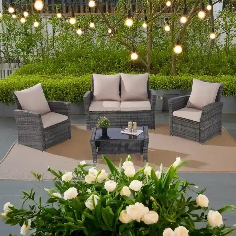 4-Piece Outdoor Patio Rattan Conversation Sofa Set with Tempered Glass Coffee Table