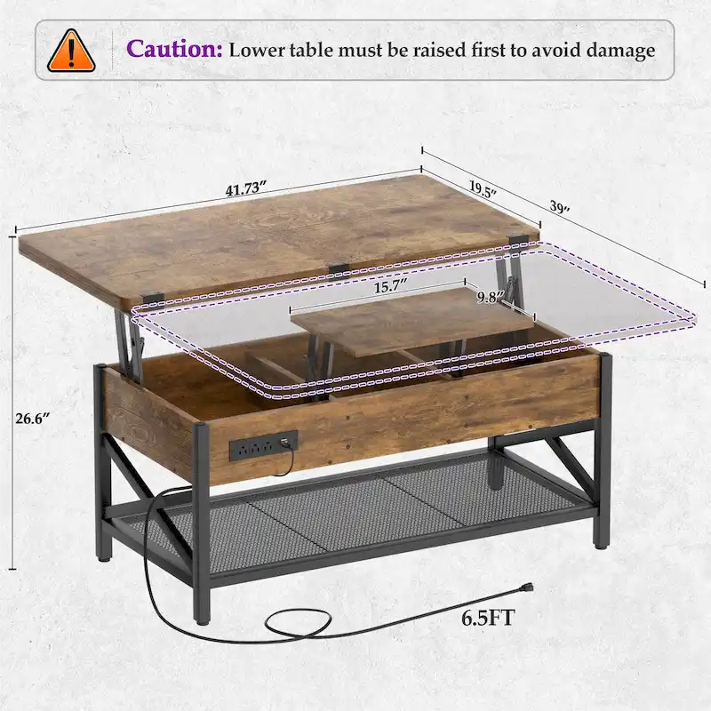 Expandable Lift Top Coffee Table Converts to Dining Table with LED Light and Power Outlet - 39 in. W X 41.73 in. L X 26.6 in. H
