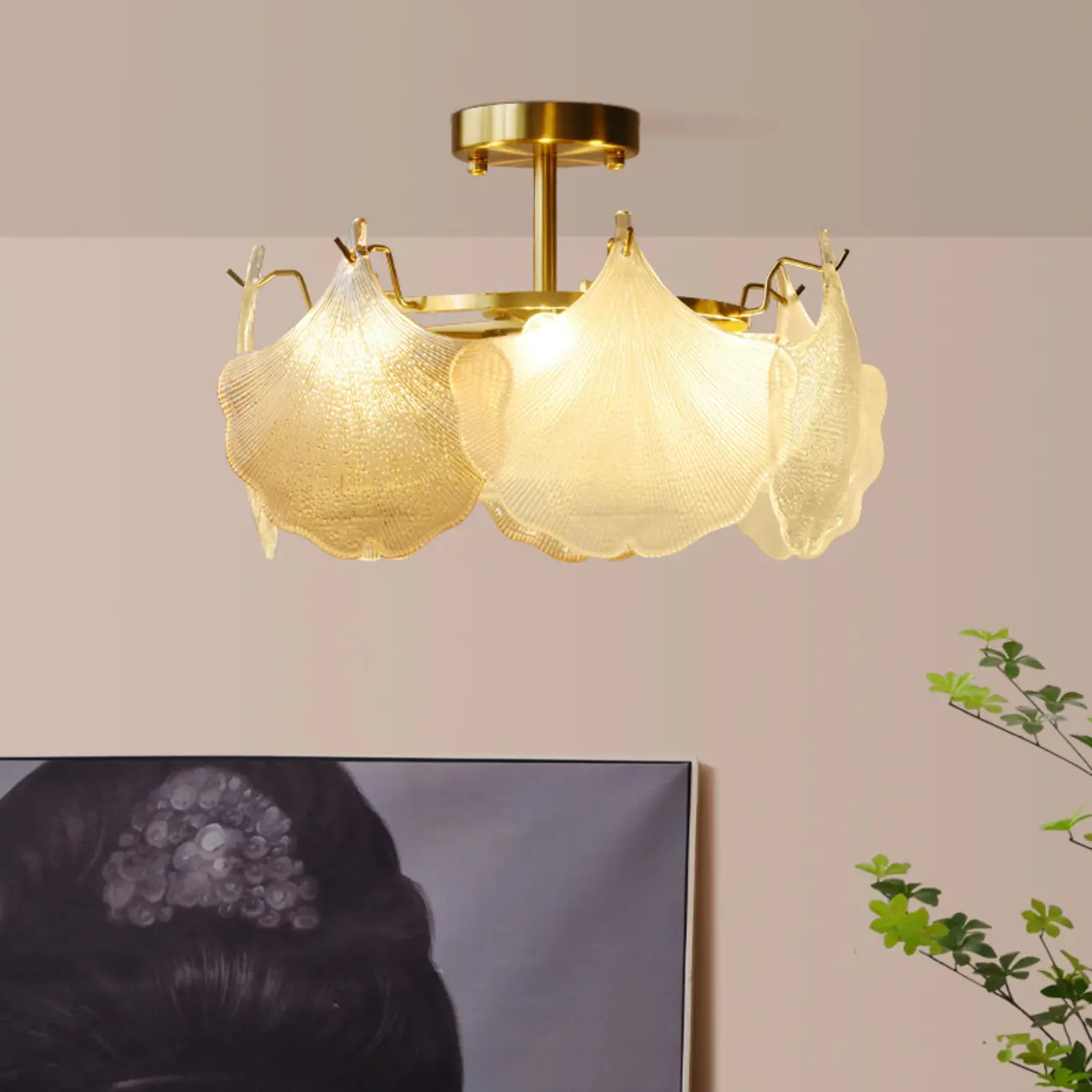 Modern Glass Leaf Shape Gold Semi Flush Ceiling Light