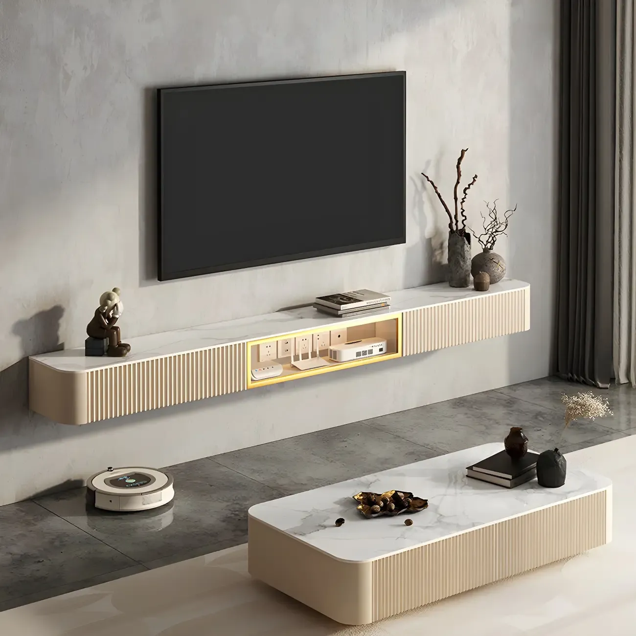 71 Beige Stone Floating TV Stand with Cable Management