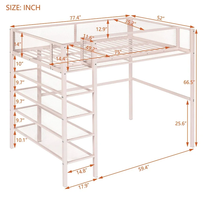 Pink Metal Loft Bed with 4-Tier Shelves, Workstation, and Full-length Guardrail