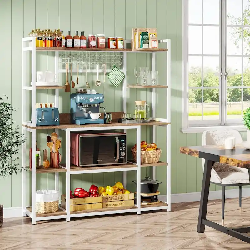 55 Wide Kitchen Hutch Cabinet Microwave Stand with 11 Hooks