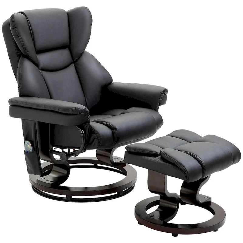 Black Faux Leather 360 Swivel Manual Recliner Set with Ottoman, 10 Vibration Massage Points, Side Pocket