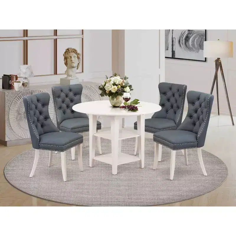 5-Piece Linen White Finish Solid Wood Top - Round Dining Room Set - Seats 4