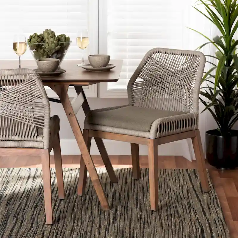 Modern Transitional-Style Rope-Woven Mahogany Dining Chair — Gray