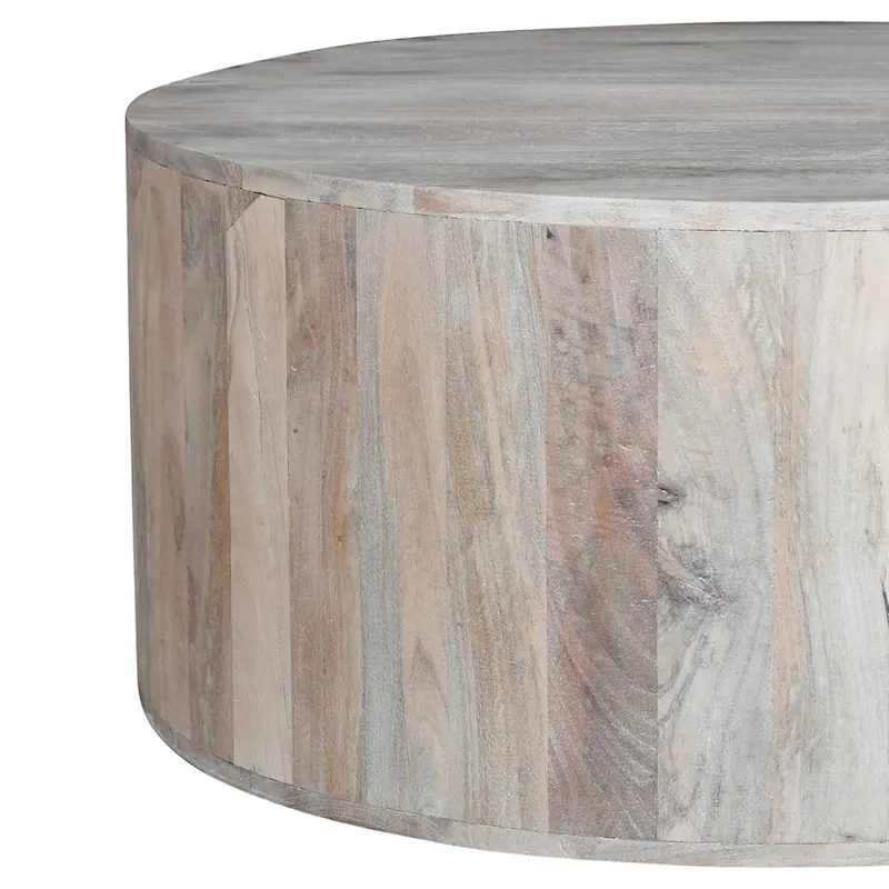 36 Inch Coffee Table, Handcrafted Drum Shape, Washed White Mango Wood