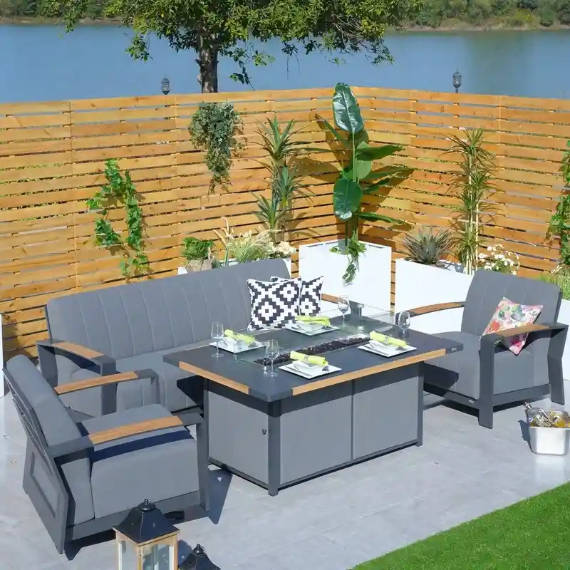 4-Piece Patio Acrylic Swing Chair Sofa Set with Firepit Table and BBQ Grill