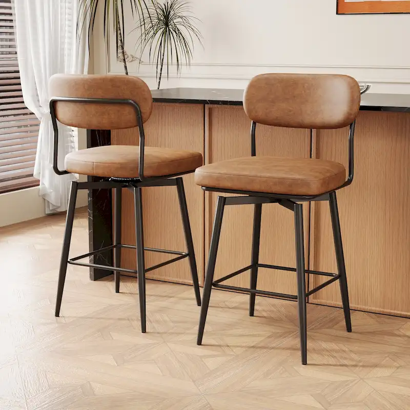 Leather Swivel Bar Stools with Iron Base - Set of 2
