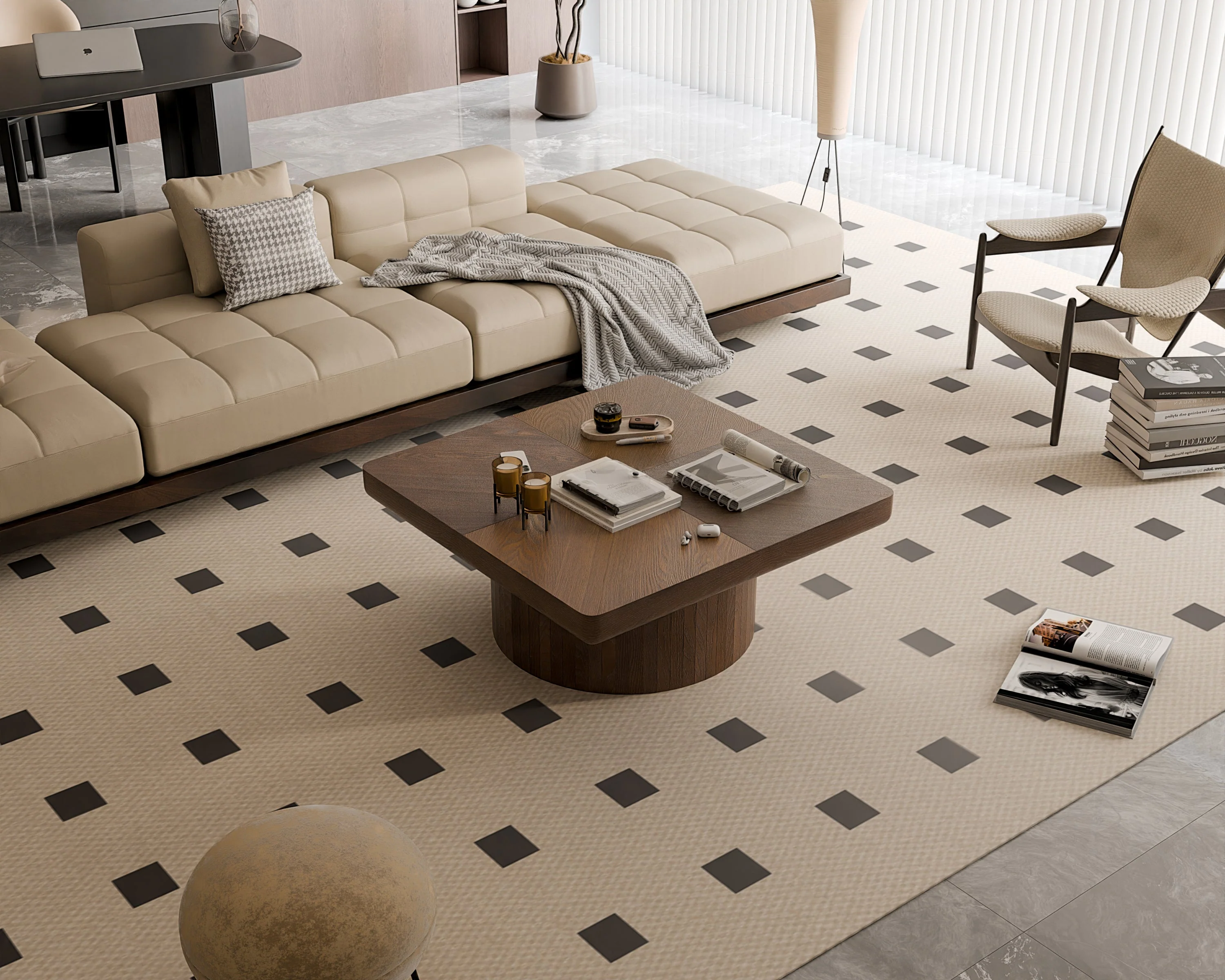 Modern Veneer 34.6'' Square Fluted Cylindrical Base Coffee Table