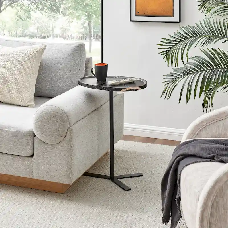 Oval Teardrop Modern Raised Lip Edge Couch-Side Accent C-Table with Crossed Y-Shape Metal Pedestal Leg
