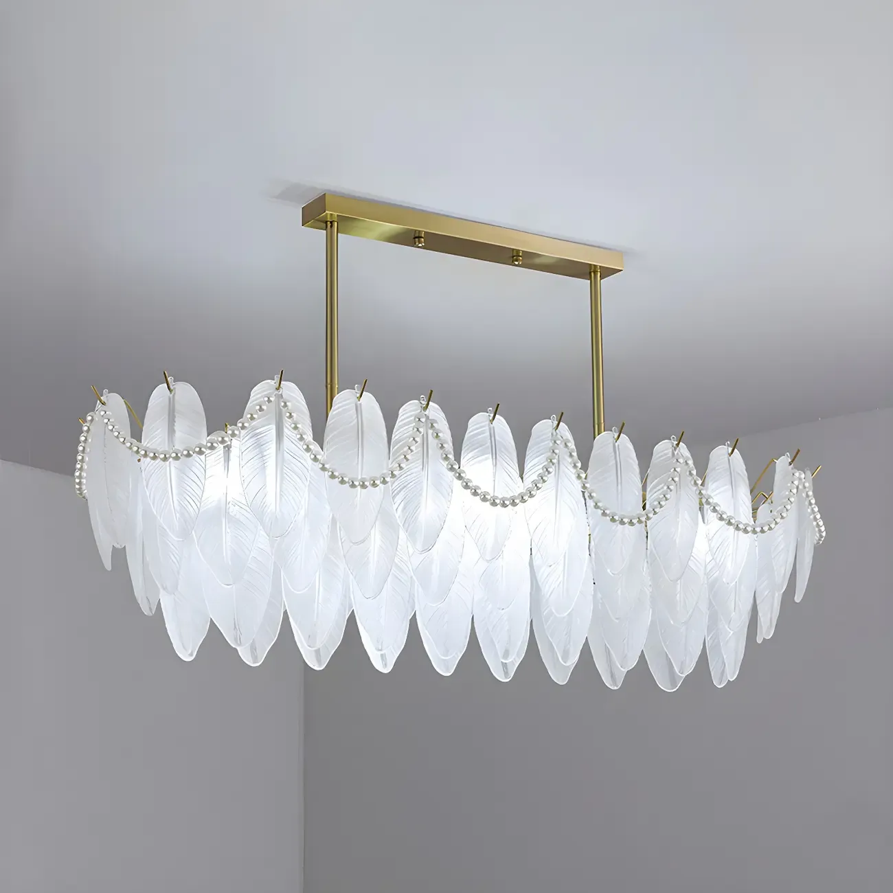 Adjustable Modern Glass Feather Island Chandelier in Gold