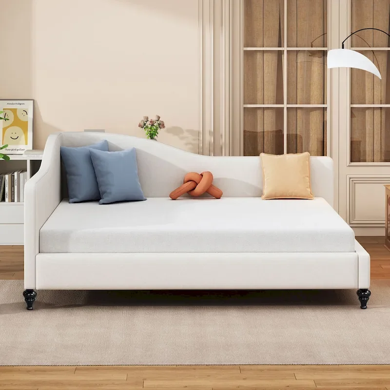 L-Shaped Linen Daybed with Solid Wood Legs