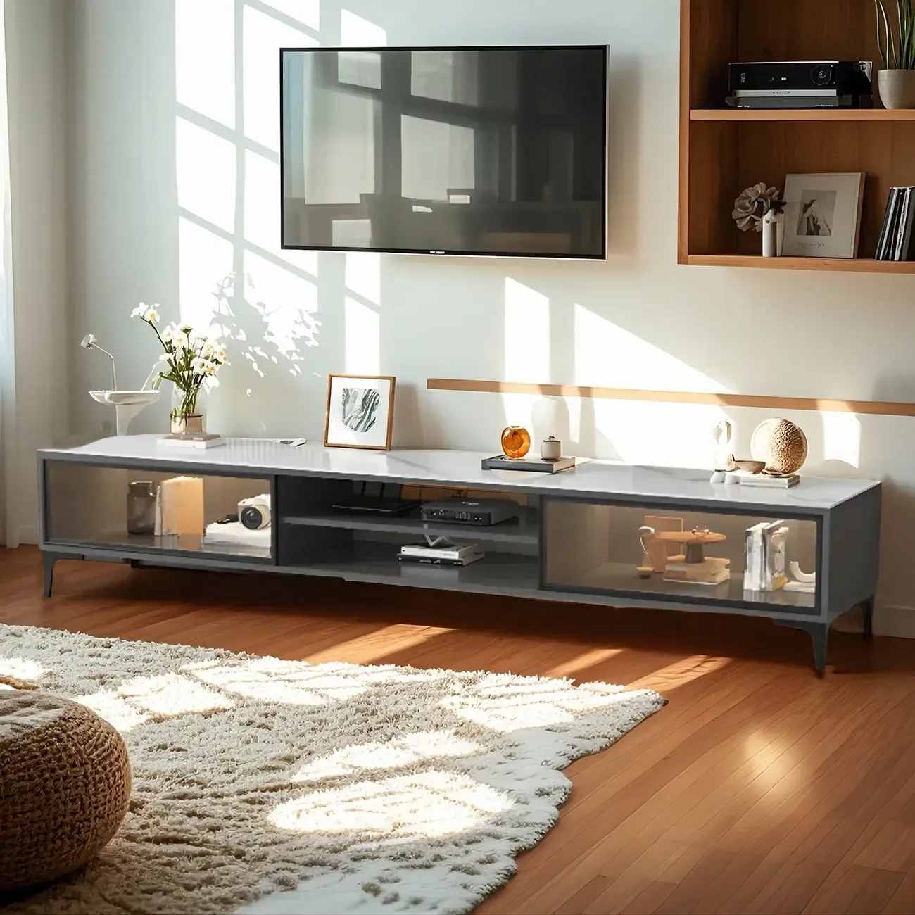 71 Modern Grey Stone Open Shelf TV Stand with Glass Doors