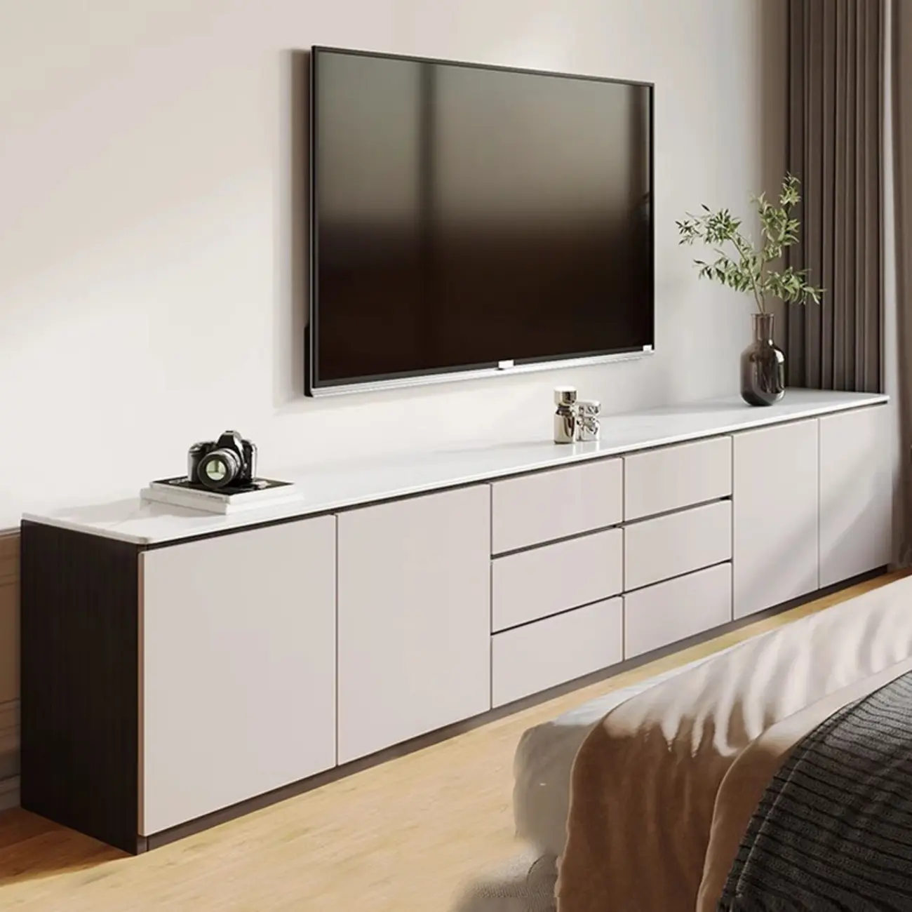 Modern Long White Wood TV Stand with Drawers