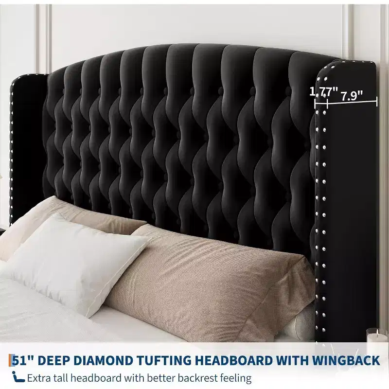 Acekool 51 Cream Velvet Queen Bed Frame - Wingback Headboard, Deep Button Tufting, No Box Spring Needed, Easy Assembly