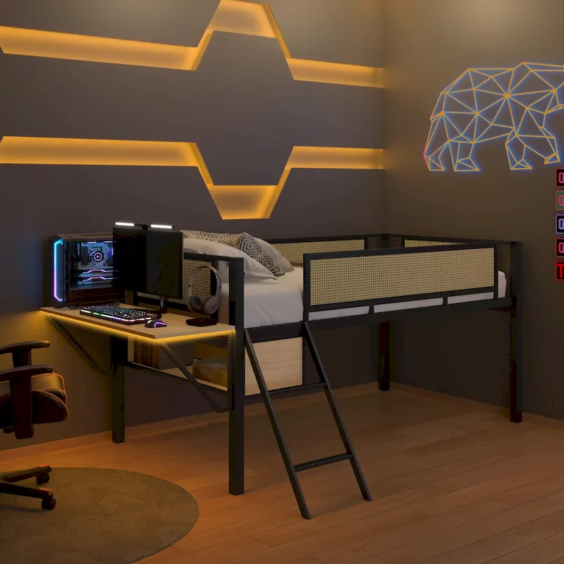 Metal Loft Bed with Desk, LED Lights & Storage