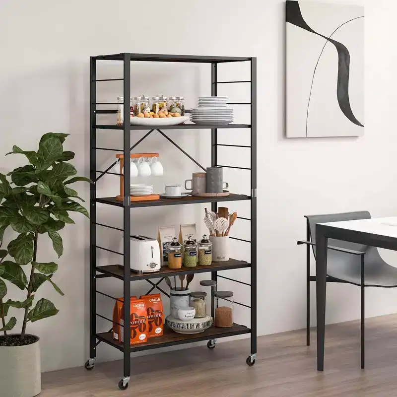 Costway 5-Tier Folding Shelf Free DIY Design Shelving Unit with 4 Universal Wheels Kitchen Black/Natural