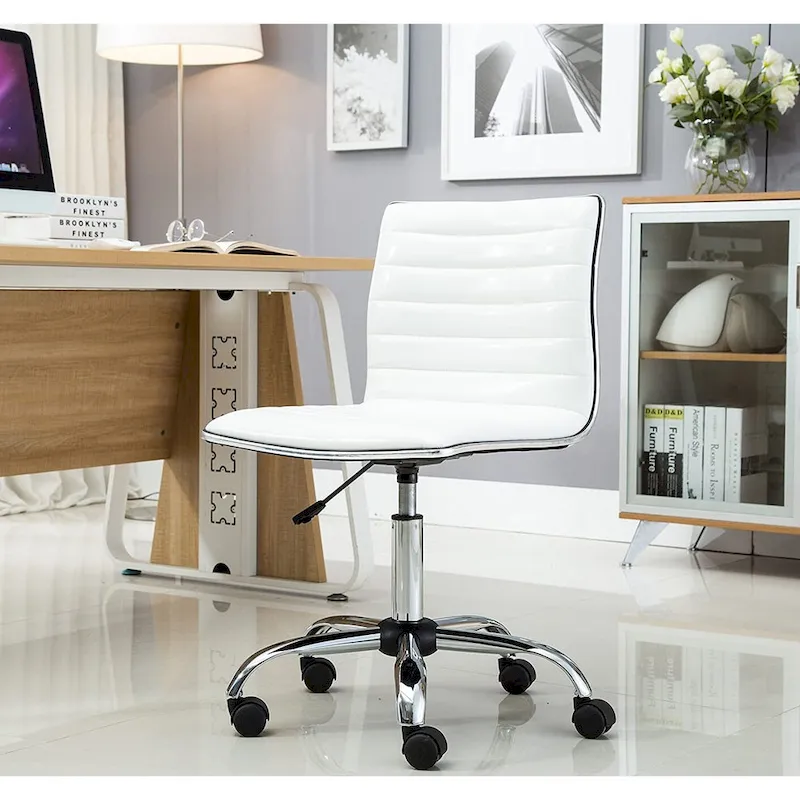Mid-Back Armless Swivel Office Chair with Lumbar Support – White Bonded Leather