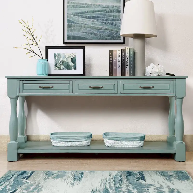 Long Wood Console Table with 3 Drawers and 1 Bottom Shelf