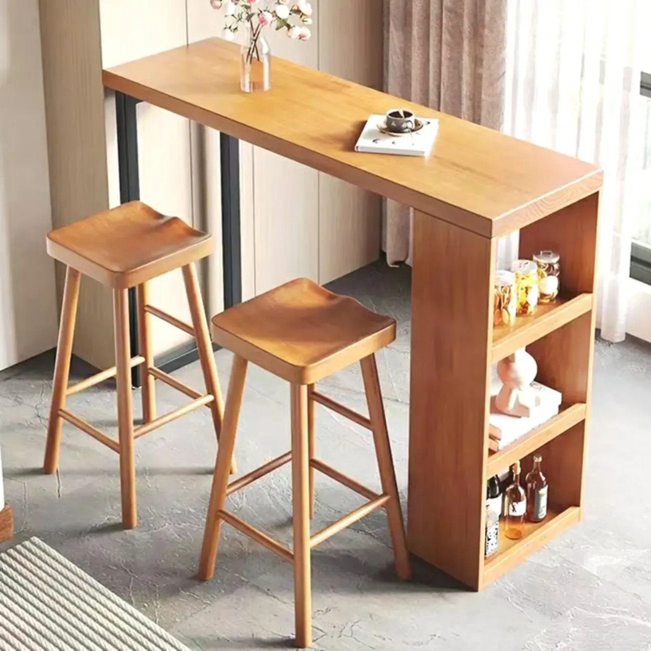 Modern Wooden Rectangular Bar Table with Storage Rack for Living Room