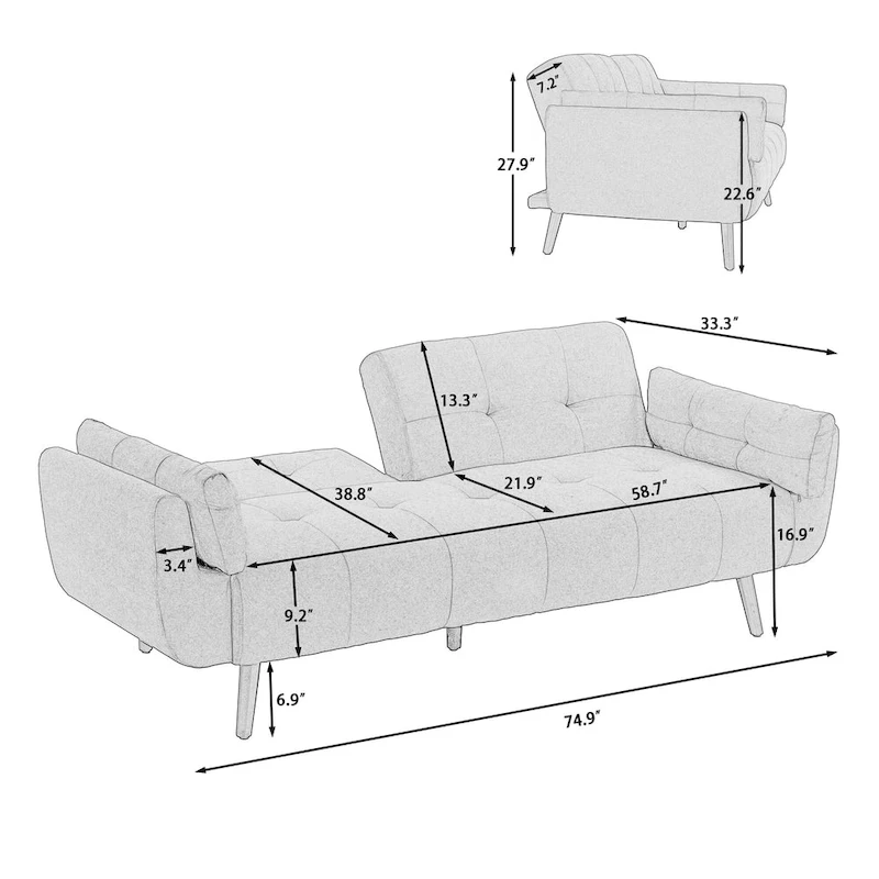75 Convertible Sleeper Futon Sofa Bed With Adjustable Tufted Back