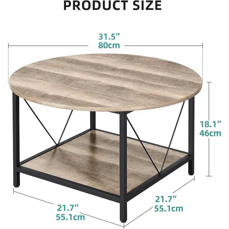 Industrial 2-Tier Round Coffee Table with Shelf