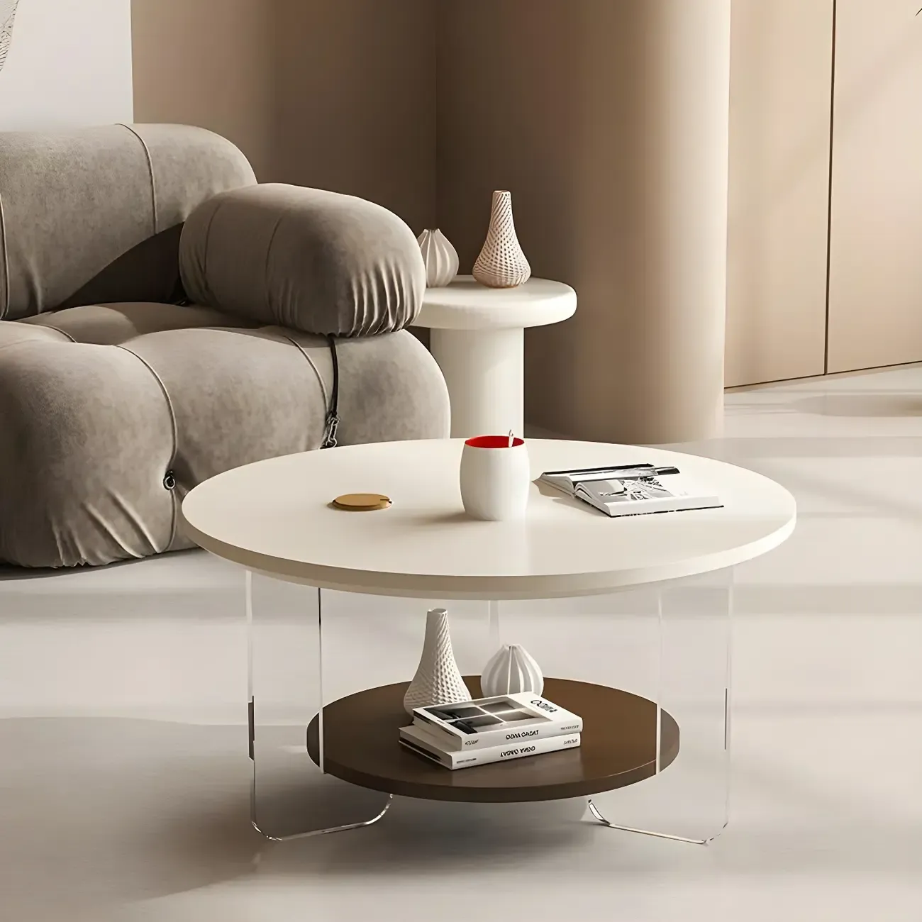 White Brown Wood Round Coffee Table with Shelf and Plastic Leg