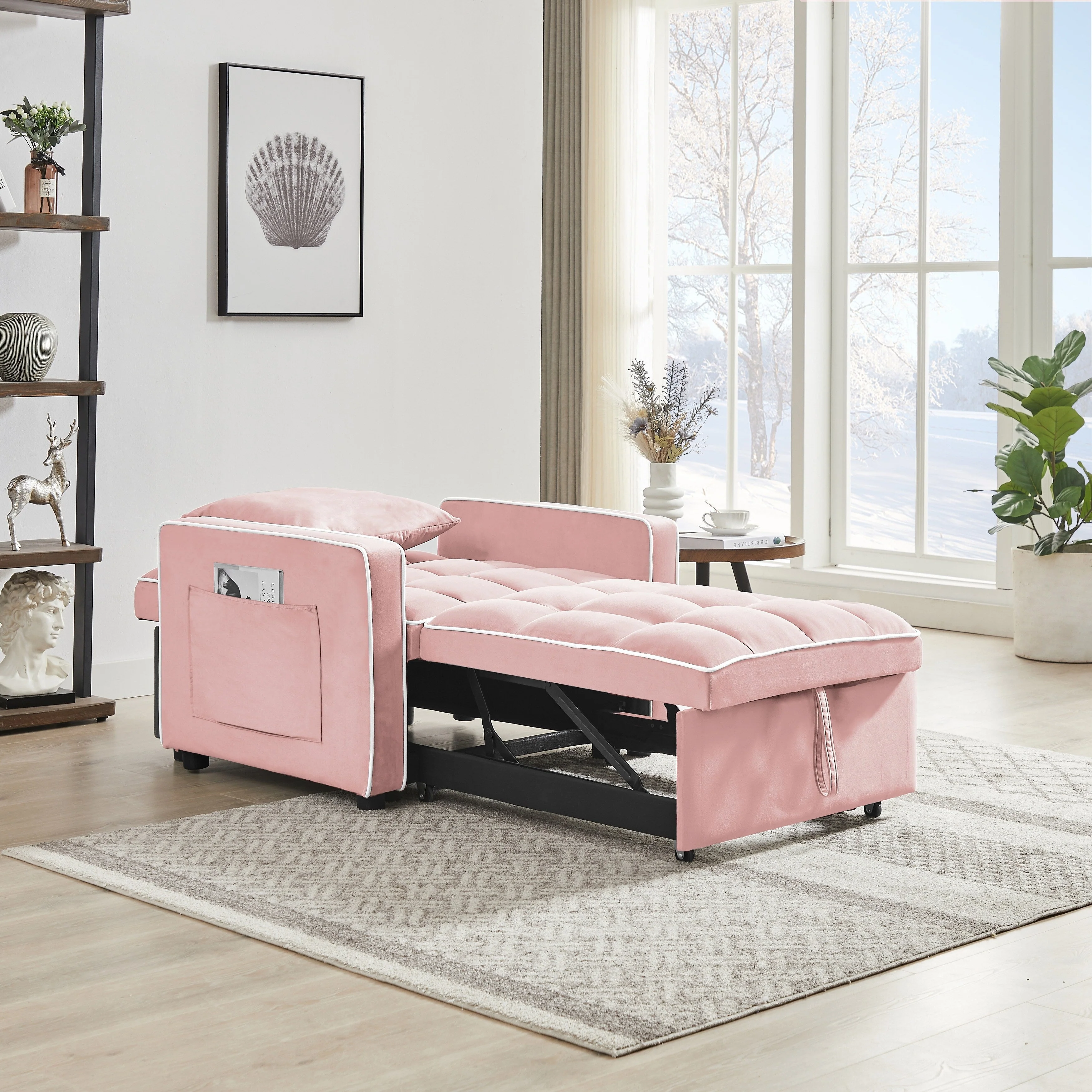 Pink Velvet Single Sofa Bed with Adjustable Back