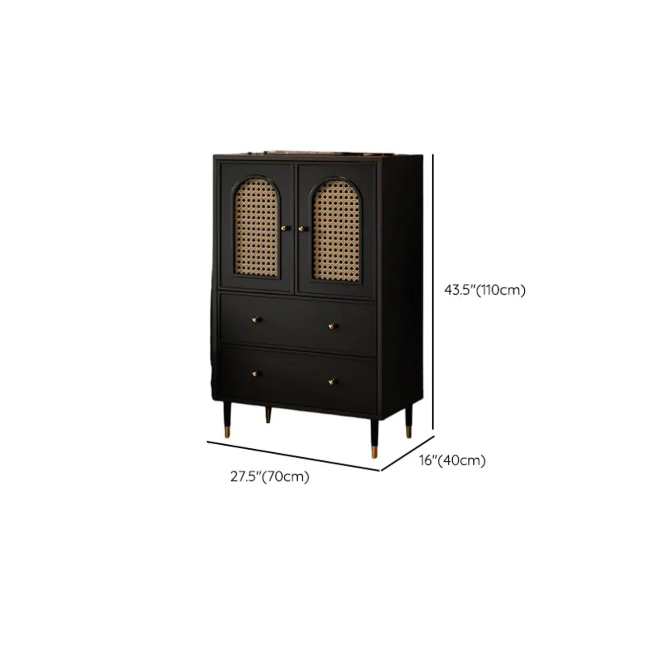 Traditional 3-Layer Rattan Wooden Black Sideboard Cabinet