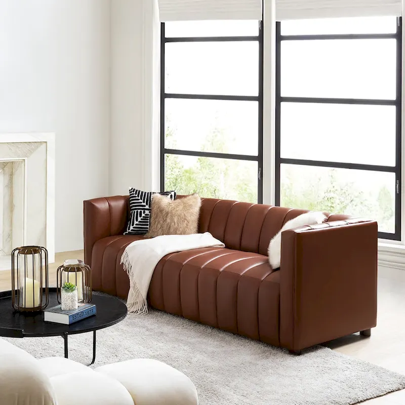 Olinto Modern Camel 83-Inch Genuine Leather Curved Couch with Channel Back by HULALA HOME