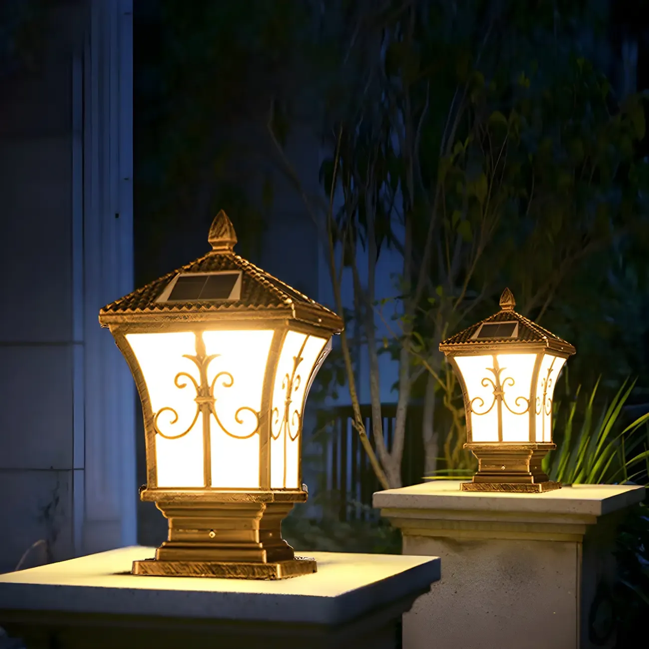 Vintage Brass Lantern Solar Outdoor Post Lights