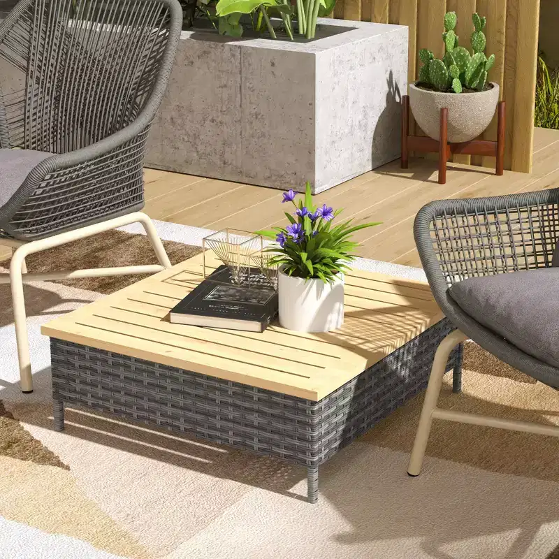 Outdoor Side Table with PE Rattan, Patio End Table with Natural Fir Wood Top, Weather Resistant Accent Table for Patio Pool Porch
