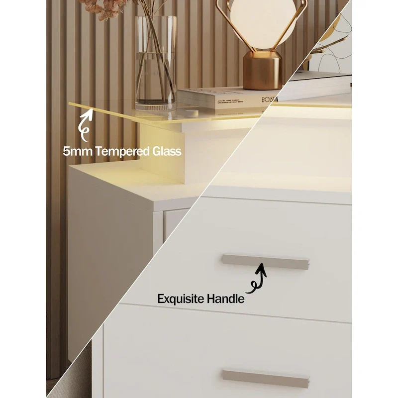 Nightstand with LED Lights & Charging Station – White, 2 Drawers, Single