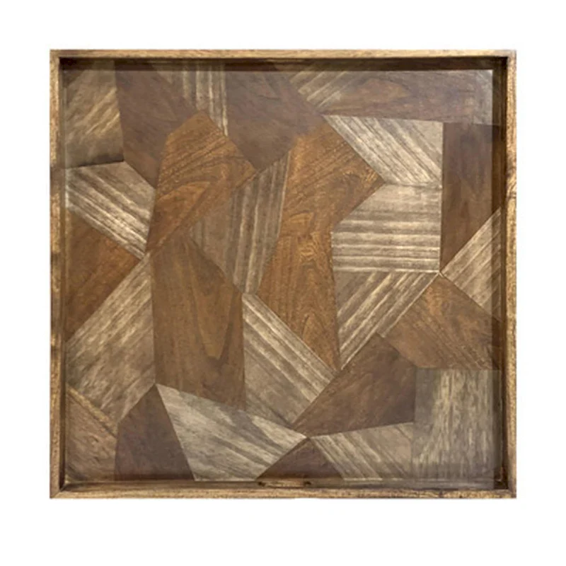 Hely Decorative Wood Tray, 27 Inch Square, Geometric Pattern, Brown Beige