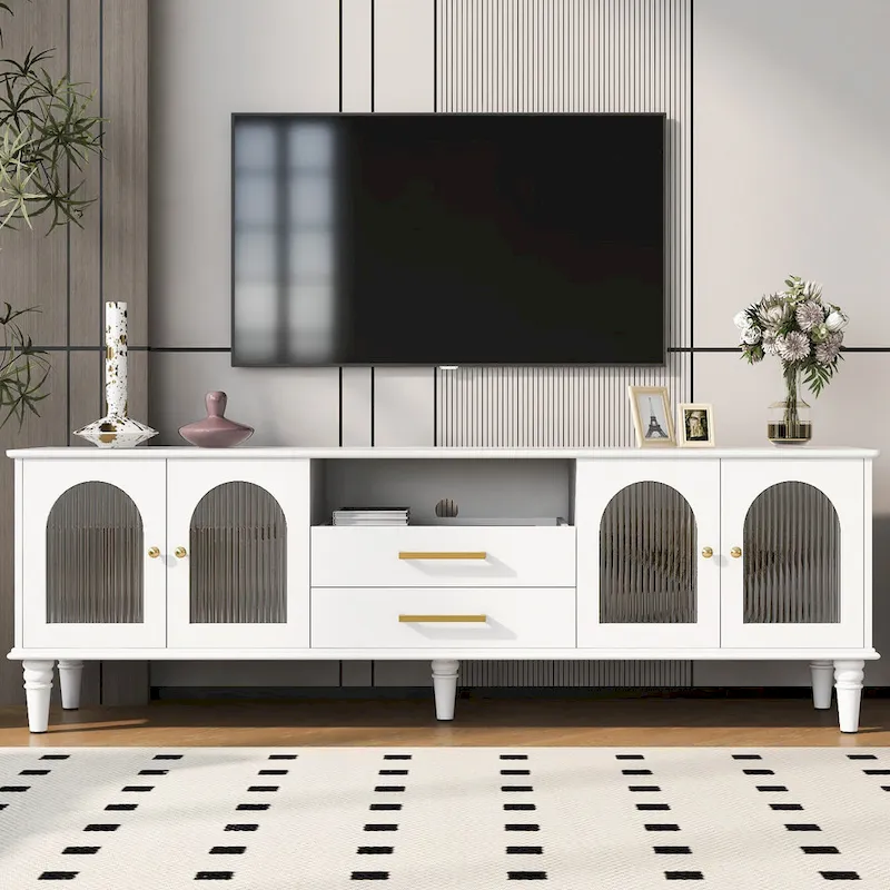 68.9  Retro TV Stand for TVs up to 75 Inches, Entertainment Center Media Console with Fluted Glass Doors for Living Room