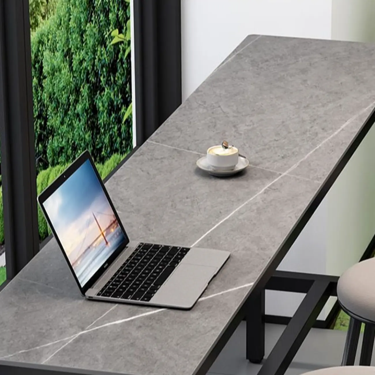 Modern Grey Stone Top Bar Height Table with Trestle Base