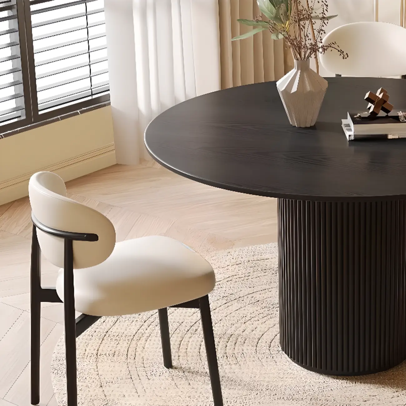 Modern Black Round Wood Cylindrical Base Dining Table