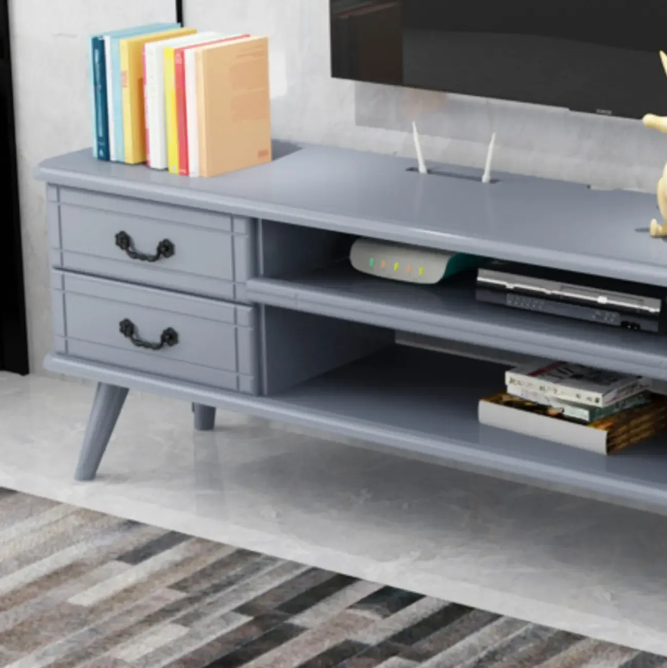 Living Room Wood Brown-White Cable Management TV Stand