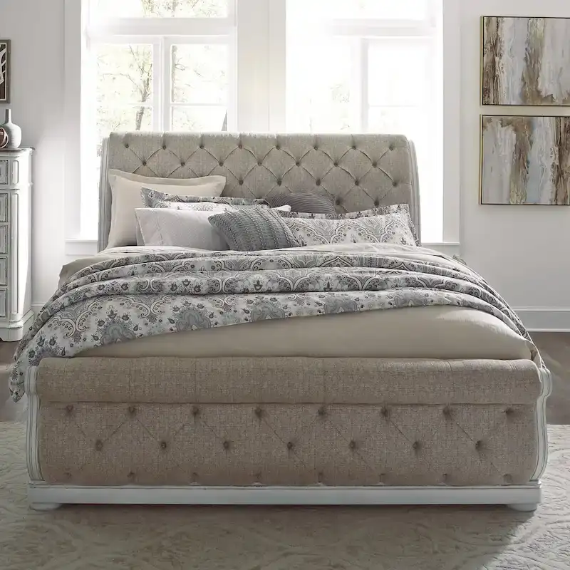 Antique White Tufted Upholstered Sleigh Bed